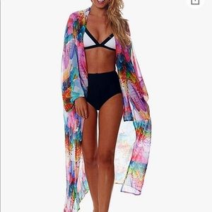 Long Beach cover up - bright fun feather print